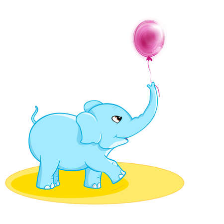 Happy cute little blue cartoon elephant walking trying to catch a flying purple ball0on.のイラスト素材