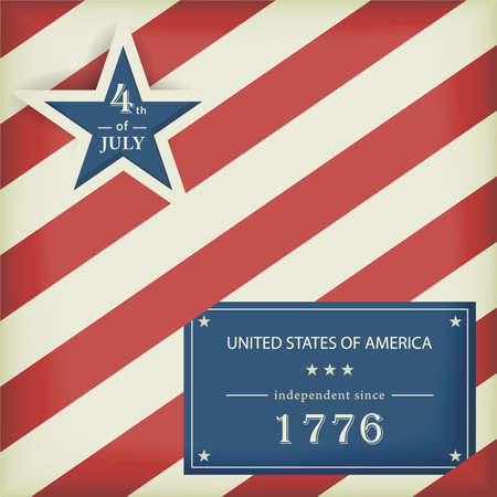 Red white diagonally striped background with big blue star with the wording: 4th of July and a blue label with the wording: United Stated of America independent since 1776.のイラスト素材