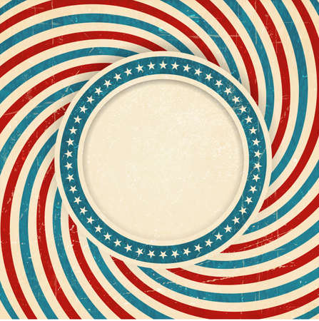Vintage style aged USA themed grunge design with spiraling blue, red and off white rays and center label with a ring of white stars on blue background and space for your text のイラスト素材