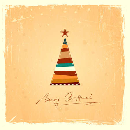 Illustration of a stylized Christmas tree on pale orange grunge background with handwritten "Merry Christmas".のイラスト素材