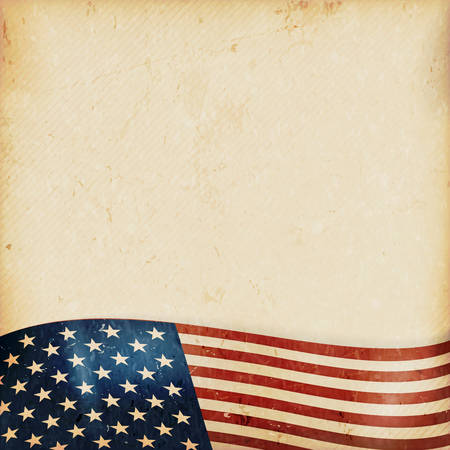 Vintage style grunge background with USA flag at the bottom. Grunge Elements and a faintly striped beige brown background give it a feeling resembling old paper, parchment.のイラスト素材