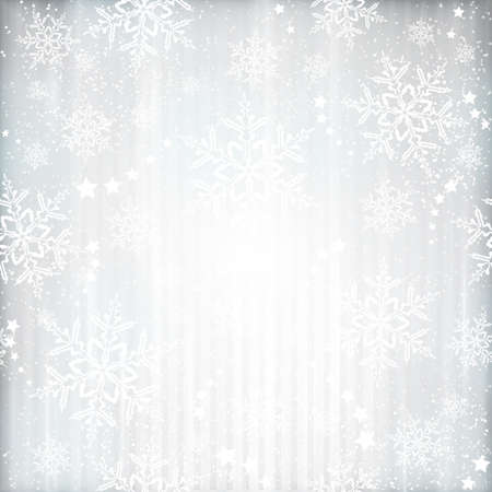 Abstract silver background with faintly visible vertical stripes, stars and snow flakes. Light effects and the silver color give it a festive feeling  for any festive Christmas, winter design.のイラスト素材