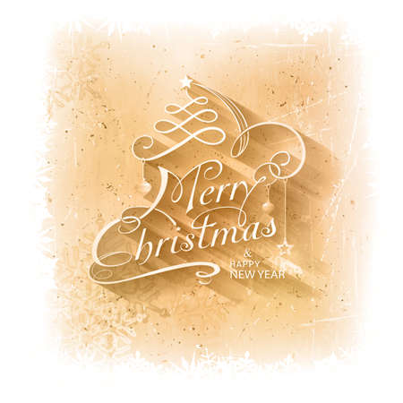 Grungy Christmas card with scratches, stains and snowflakes in the background and calligraphic handwritten typography Christmas lettering embellished with holiday ornaments.のイラスト素材