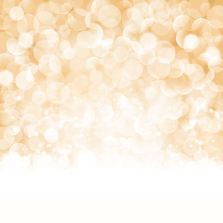 Christmas background with light effects and blurry light dots in shades of beige, golden and white. Centered is a label with the lettering Merry Christmas and Happy New Year.のイラスト素材