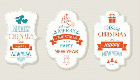 Set of Christmas and New Years labels with various Christmas symbols and the wording, Merry Christmas and Happy New Year. Designs for the festive season to come.のイラスト素材