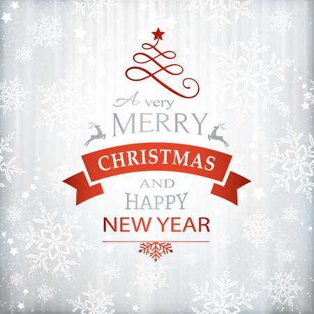 Silver textured background with snowflake pattern and faint stripes as base for the wording, Merry Christmas and Happy New Year embellished with Christmas Ornaments.のイラスト素材
