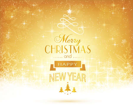 Abstract festive background with out of focus light dots, stars, snowflakes and sparkling light effects and the lettering Merry Christmas and Happy New Yearのイラスト素材