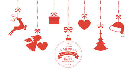 Various hanging Christmas ornaments such as Christmas bauble, santa hat, reindeer, angel, heart, present and Christmas tree with a ribbon forming a versatile border isolated on white.のイラスト素材