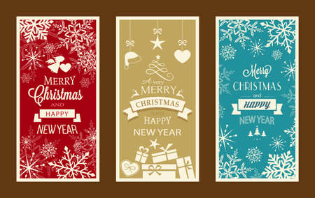 Set of typography Merry Christmas and Happy New Year banners with embellishments and Christmas ornaments.のイラスト素材