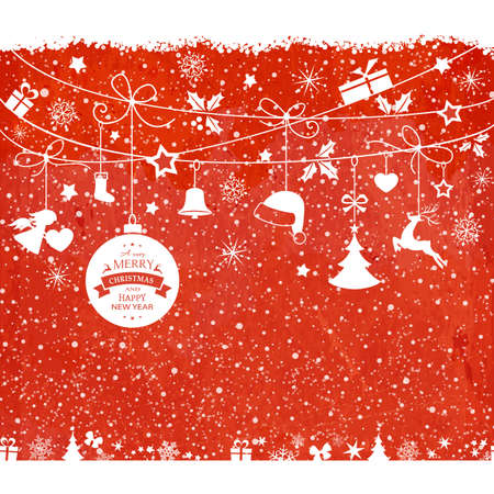 Various hanging Christmas ornaments such as Christmas bauble, santa hat, reindeer, angel, heart, present and Christmas tree with ribbons with snowfall on a red textured backdrop.のイラスト素材