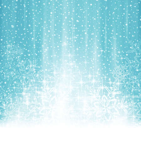 Blue whte Christmas, winter background with stylized snow flake Christmas tree. Light effects, snowfall and big snow flakes give it a dreamy and festive feel. Space for your text.のイラスト素材