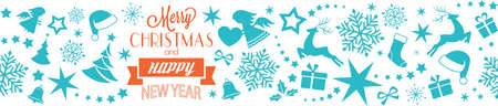 A seamless border with Merry Christmas and Happy New Year typography and Christmas, winter symbols, ornaments like Christmas trees, Santa hats, ribbons, gifts, angels, hearts, stars and snowflakes.のイラスト素材