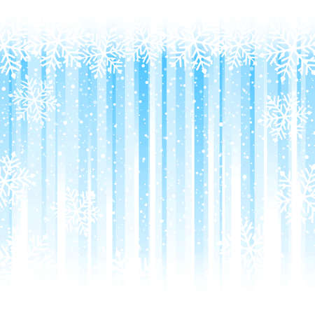 Blue stripes from darker to white at the bottom overlayed with a snowflake border at the top and snowfall. Abstract winter backdrop with copy spaceのイラスト素材