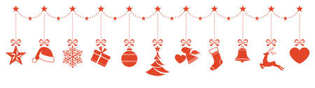 Set of Christmas ornaments hanging from a star border and forming a header for any Christmas design.のイラスト素材