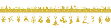 Set of 15 golden Christmas ornaments hanging from a border made from various Christmas symbols isolated on white.のイラスト素材