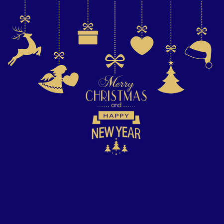 Various golden Christmas ornaments such as Christmas bauble, Santa hat, reindeer, angel, heart, present and Christmas tree hangig with a ribbon forming a versatile border  on dark blue background.のイラスト素材