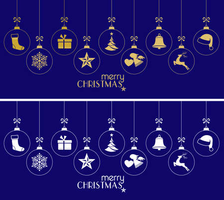 Set of hanging Christmas balls with ornaments such as Christmas tree, Santa hat, reindeer, angel, stocking, present, Christmas star and bell with a ribbon forming a versatile border isolated on dark blue.のイラスト素材