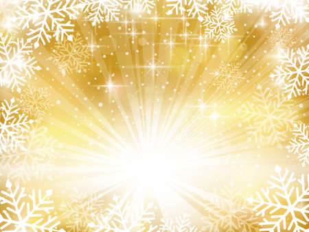 Abstract backgound in shades of gold with a snowflake border, stars, a light burst and blurry bokeh lights for a festive Christmas background and space for your text.のイラスト素材