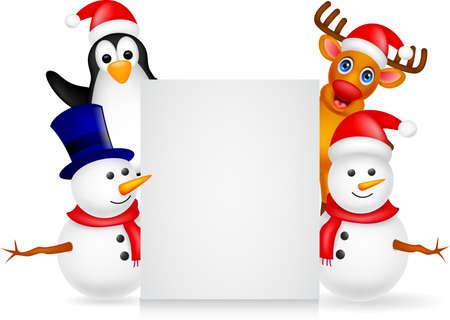 deer,penguin and snowman with blank signのイラスト素材