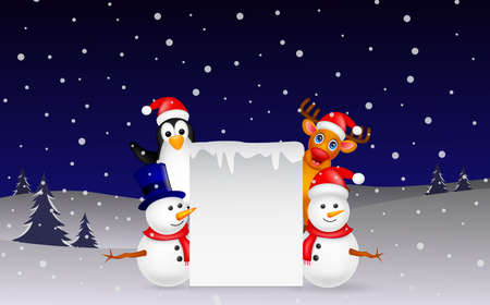 deer,penguin and snowman with blank signのイラスト素材