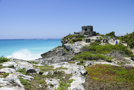 Ancient mayan watch tower in the city of Tulum, Yucatan Peninsula, Caribbean, Mexicoの写真素材