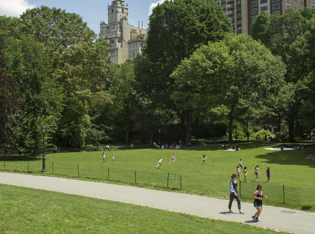 New York City, USA - June 7, 2012: Two young women jogging in Central Park. Children are playing on the grass in the background. This is a typical New York summer scene, with people practicing outdoor activities in Central Park.のeditorial素材