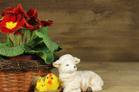 Red primrose with lambkin on wooden background