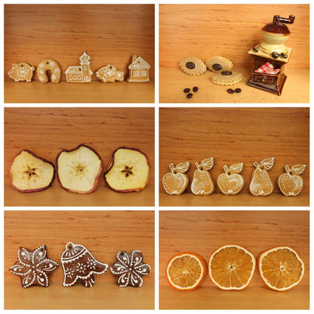 Gingerbread and dried slices on wooden backgroundの写真素材