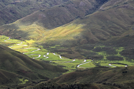 River meandering in Huaylla Belen Valley, northern Peru near Chachapoyas. Nice light and peaceful scenery.の写真素材