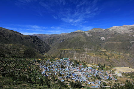 Overview to the nice mountain village Puica at the edge of the very deep Cotahuasi canyon, Peruの写真素材