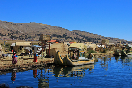 Totora reed floating islands Uros, lake Titicaca, near Puno, Peruの写真素材
