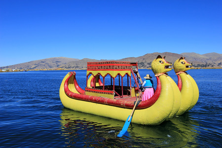 Totora reed floating islands Uros, lake Titicaca, near Puno, Peruの写真素材