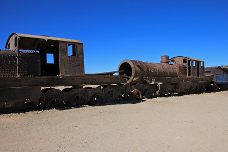 Graveyard of rusty old trains in the desert of Uyuni, Boliviaの写真素材
