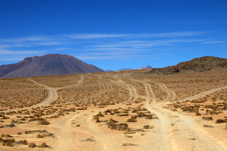 Wheel tracks in the desert near Laguna Colorado, which one leads to destination, Bolivia South Americaの写真素材
