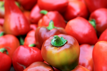 Red bell peppers at farmers market, Chile, South Americaの写真素材