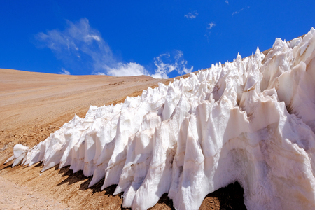 Ice or snow penitentes and andean altiplano mountain landscape at Paso De Agua Negra mountain pass, Chile and Argentina, South Americaの写真素材