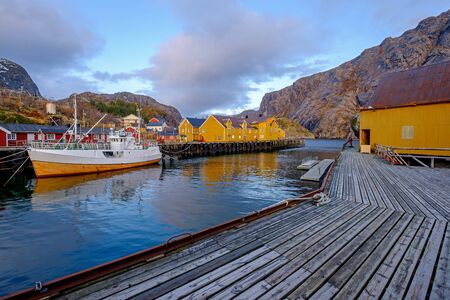 Nusfjord, authentic fishing village with traditional yellow and red fishing houses Rorbu, Lofoten Islands, Norway, Scandinavia, Europeの写真素材