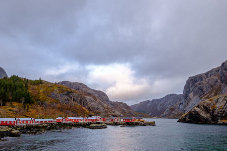 Nusfjord, authentic fishing village with traditional red Rorbu houses, Lofoten Islands, Norway, Scandinavia, Europeの写真素材