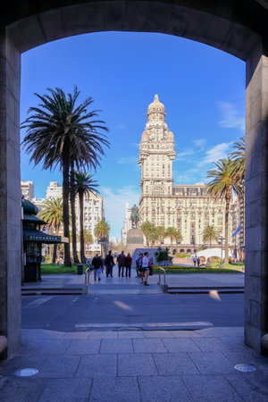 Montevideo, Uruguay, Oct 09, 2018: View through the Gateway Of Citadel to Plaza Independencia Square...