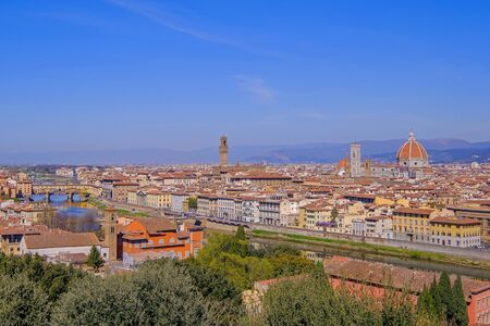 Panoramic view of the city of Florence with Arno river and the famous Cathedral Duomo Santa Maria Del Fiore, Tuscany, Italy, Europeの写真素材