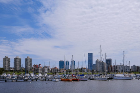 The view of the Montevideo skyline from Buceo Port Pier Harbor crowed of small fishing boats and ships along the Rio De La Plata, River Plate, Montevideo Uruguay, South Americaの写真素材