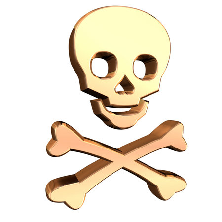 3D rendering of golden skull on white backgroundの写真素材