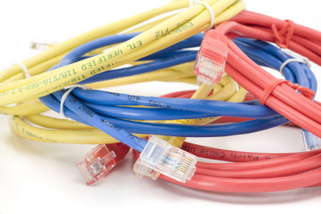 Utp cables on white background close up