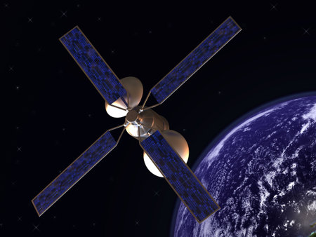 Communication satelite in earth orbit with earth in background