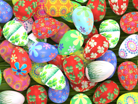 Many colorful Easter eggs on green grass