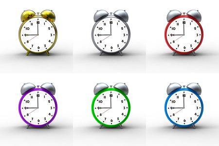 Collection of colorful alarm clocks on white backgroundの写真素材