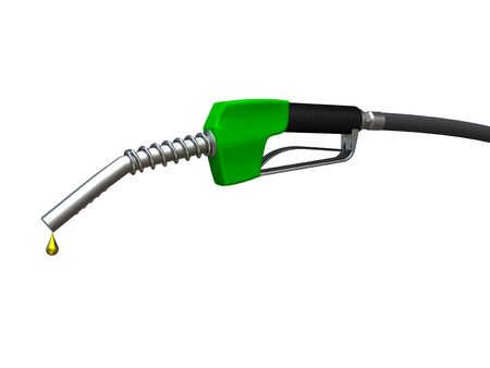 Green fuel nozzle with golden droplet on white backgroundの写真素材