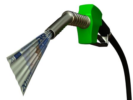 Red fuel nozzle with 20 Euro on white backgroundの写真素材
