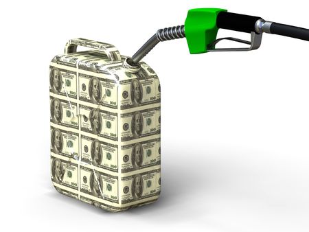 Dollar gas can and nozzle on white backgroundの写真素材