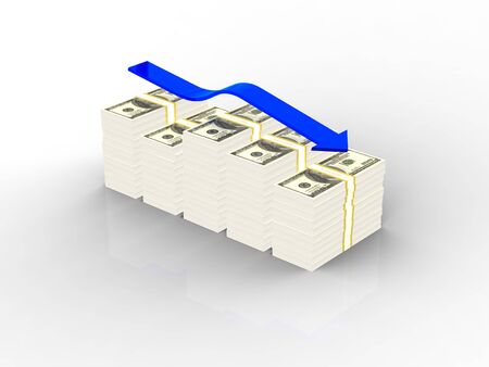 Dollars graph with blue arrow on white backgroundの写真素材